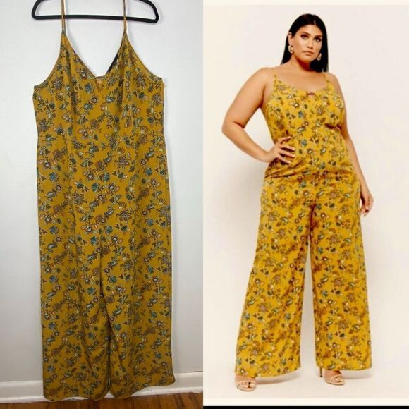 Forever 21 Womens Harvest Yellow Floral Wide Leg Jumpsuit Boho Cottagecore 3X - Picture 1 of 12
